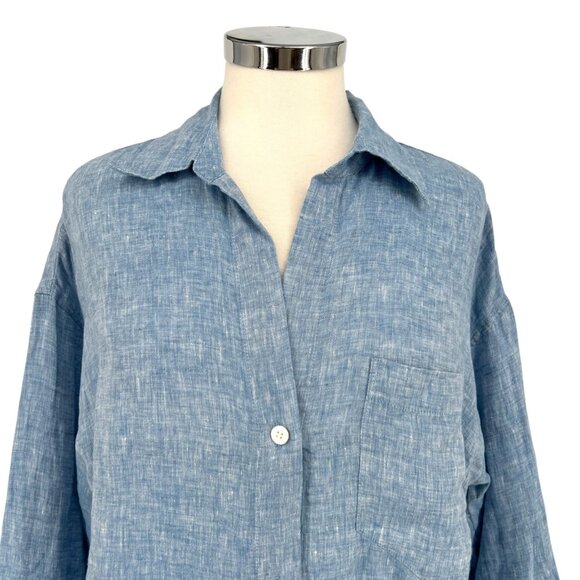 Madewell Shirred Button-Up Shirt In Linen-Cotton Blue Size Large NWT - Picture 2 of 13